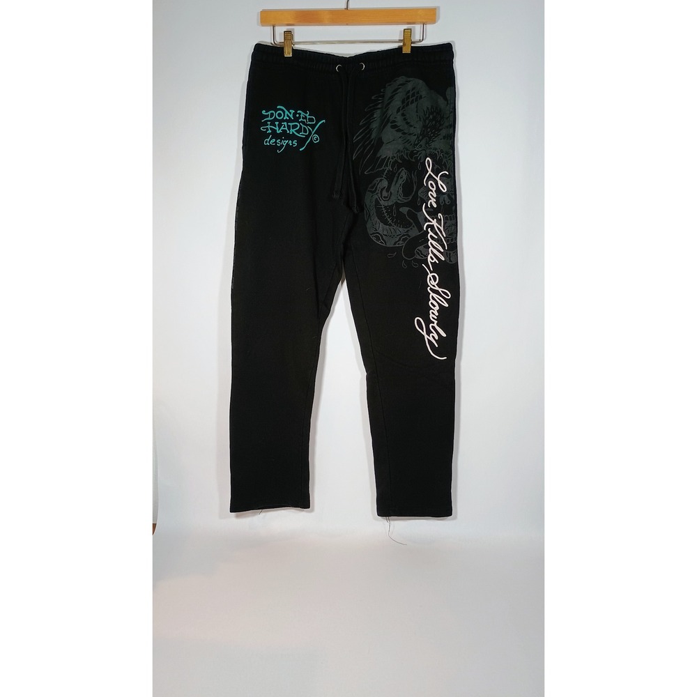 Ed Hardy Mens Black Sweatpants‎ Tiger Dragon Graphic Drawstring Pockets Size M